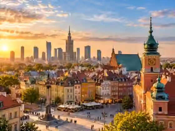 Ilustracja panoramy Warszawy o zachodzie słońca