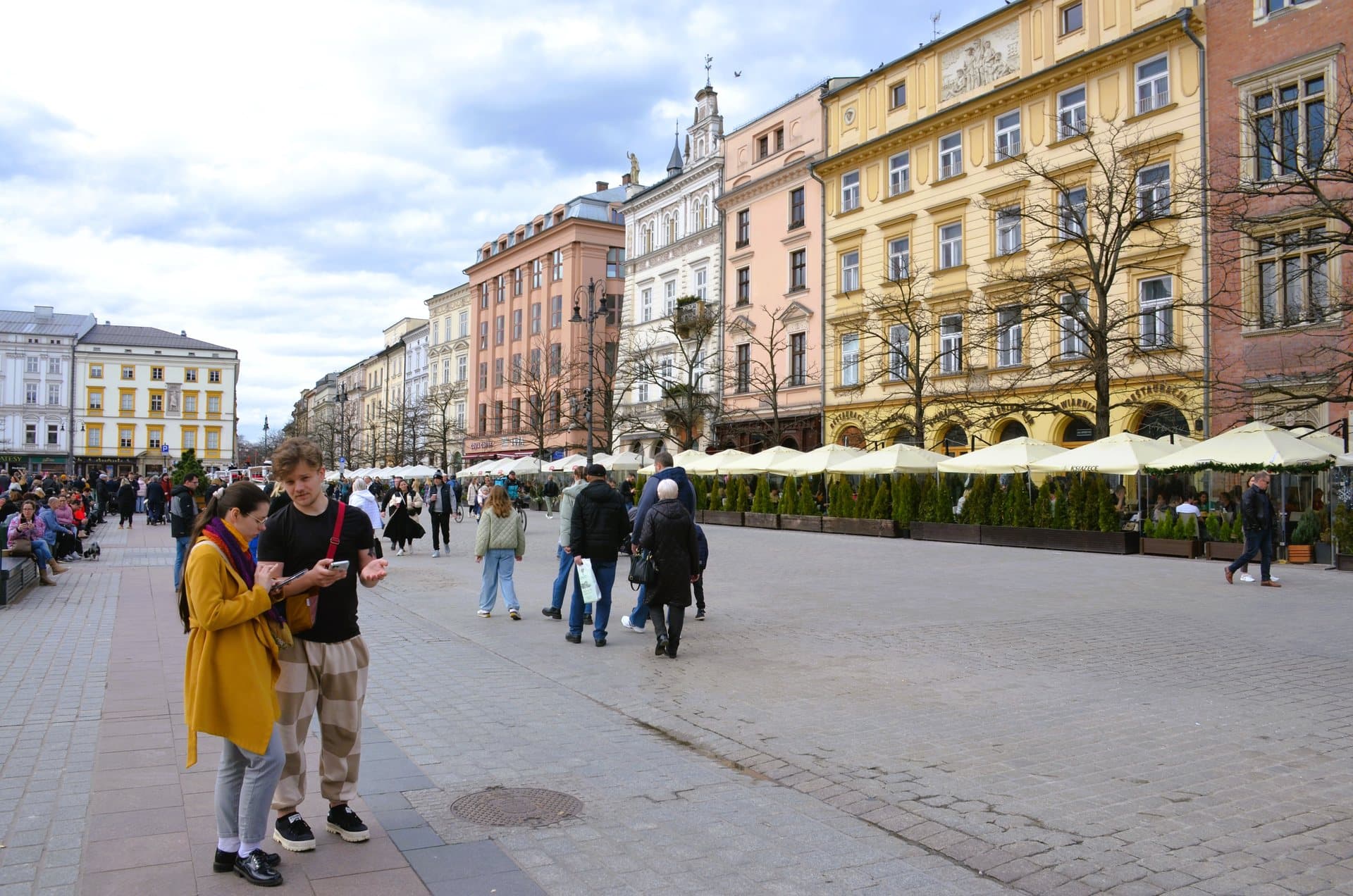 Historic buildings and cafés on Krakow Main Market Square